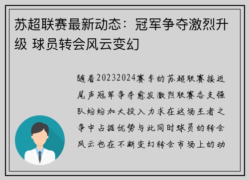 苏超联赛最新动态：冠军争夺激烈升级 球员转会风云变幻