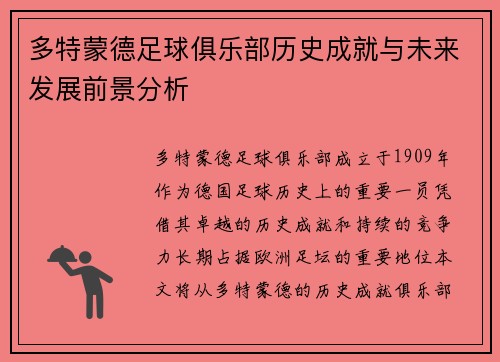 多特蒙德足球俱乐部历史成就与未来发展前景分析