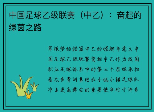中国足球乙级联赛（中乙）：奋起的绿茵之路