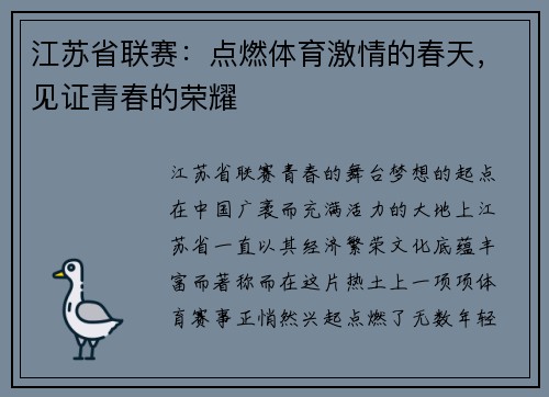 江苏省联赛：点燃体育激情的春天，见证青春的荣耀