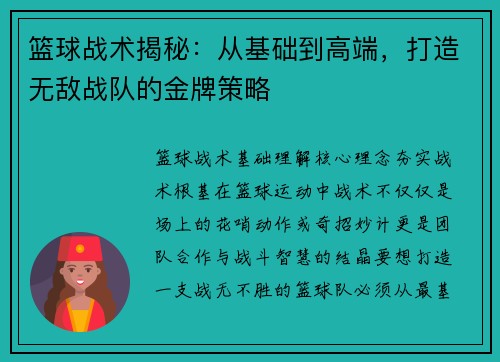 篮球战术揭秘：从基础到高端，打造无敌战队的金牌策略