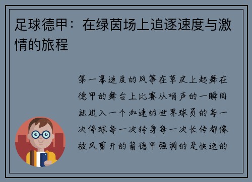 足球德甲：在绿茵场上追逐速度与激情的旅程