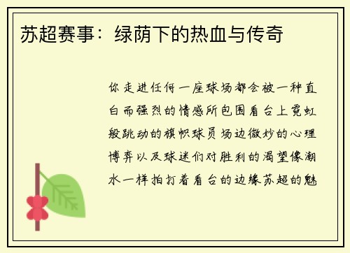 苏超赛事：绿荫下的热血与传奇