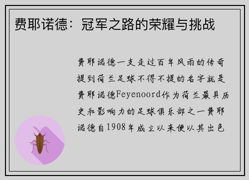 费耶诺德：冠军之路的荣耀与挑战