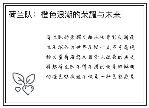 荷兰队：橙色浪潮的荣耀与未来