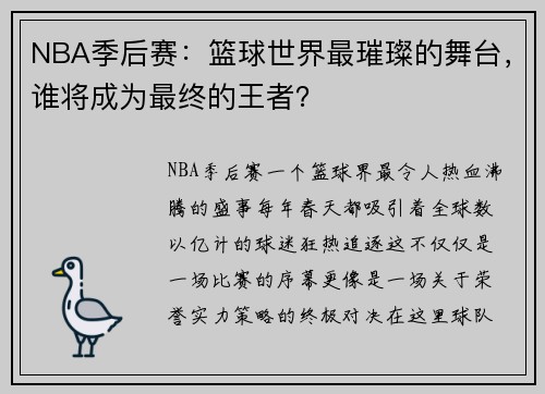 NBA季后赛：篮球世界最璀璨的舞台，谁将成为最终的王者？